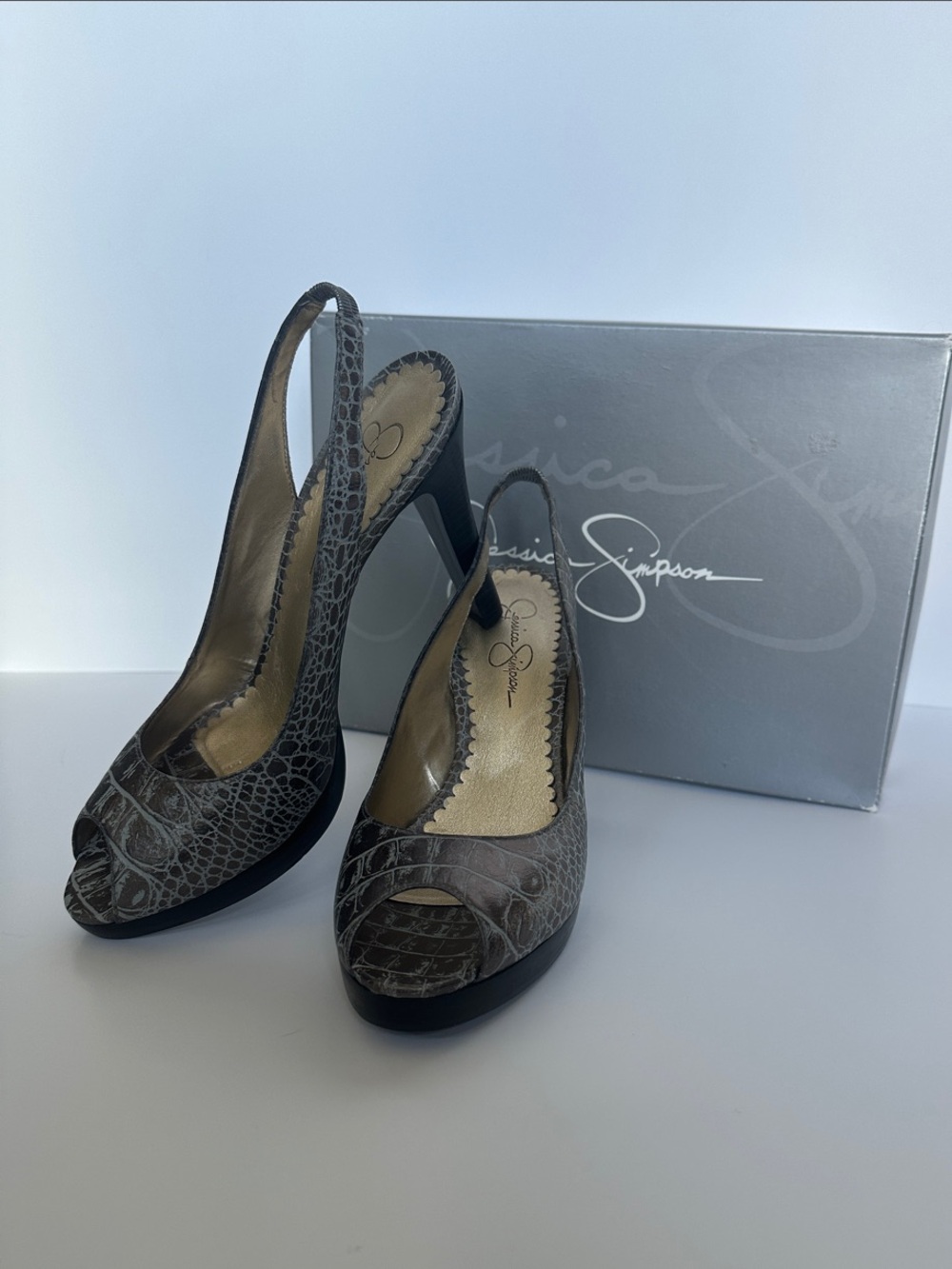 Jessica Simpson Gray Croc-Embossed Peep-Toe Slingback Heels